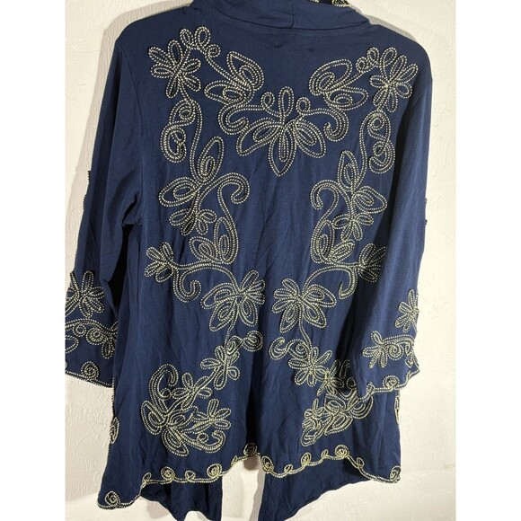 Objects D’art Woman’s Navy Embroidered Gold Trim Jacket Asymmetrical Large - Picture 6 of 8